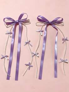 1/2pcs Ballet Style Long Ribbon Bow Hair Clips, Sweet Alligator Hair Clips, Princess Twin Ponytail Tassel Hair Accessories - Multicolor - View 9