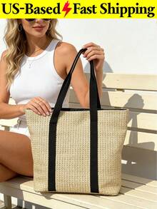 Summer Vacation Large Capacity Straw Tote Bag Women's Casual Seaside Beach Bag Woven Shoulder Handbag Double Handle White Purse For Travel Outing - 彩色 - 查看 8