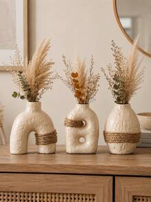 1pc/3pcs Cream Bohemian Style Vase, Rope Textured Asymmetrical Vase, Wabi-Sabi Ins Style Desktop Decor, Home Decoration Dried Flower Vase - Cream 296 - View 1