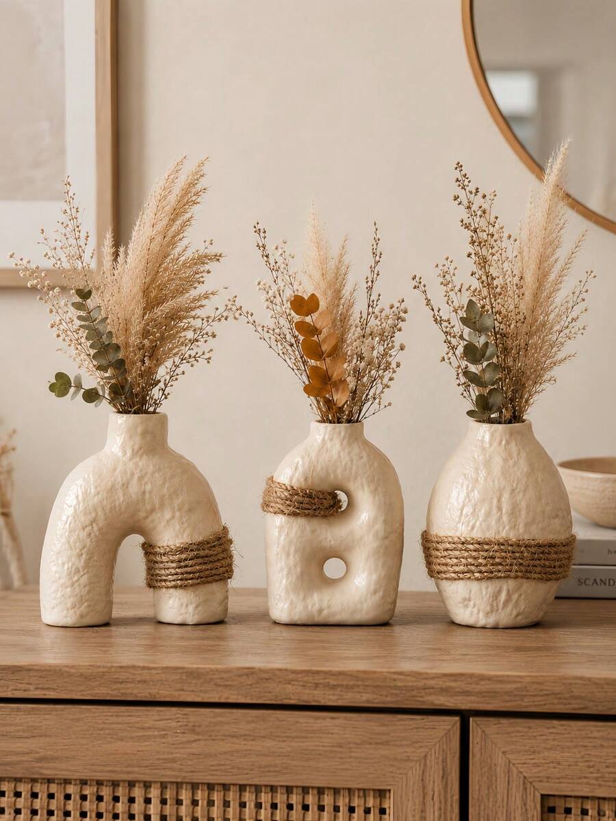 1pc/3pcs Cream Bohemian Style Vase, Rope Textured Asymmetrical Vase, Wabi-Sabi Ins Style Desktop Decor, Home Decoration Dried Flower Vase - Cream 296 - View 1