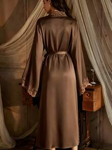 QING ROU Women's Elegant Satin Robe, Soft Lace Trim, Flared Long Sleeves, Silky Comfortable, Includes Belt Suitable For Home Use - Brown - View 2