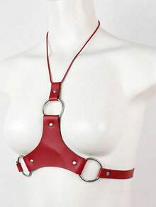 1件裝女款黑色龐克風倒Y型PU皮革細肩帶胸部束帶身體飾品，適合祭典、派對、演唱會與表演 - 紅色 - 查看 5