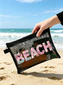 印有「Beach」文字與閃亮水鑽圖案的沙灘網格包，可攜式化妝收納包，適合存放口紅與氣墊粉撲，充滿海岸風情。透明大容量旅行化妝收納袋，夏威夷風網格化妝包，適合沙灘度假、購物、休閒度假、健身，適合作為母親節禮物、情人節禮物、教師節禮物，適合女性旅行、短途旅行與日常出行。 - 彩色 - 查看 3
