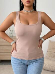 1pc Women's Plus Size Round Neck Wide Strap Tank Top, Soft Skin-Friendly Fabric, Built-In One-Piece Padding, Suitable For Daily Minimalist Wear - Khaki - View 2