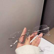 1PC Metal Rimless Rectangular Small Frame Glasses, Daily Commute Minimalist Sexy Elegant Sophisticated Style, Casual Versatile Unisex Minimalist Classic Fashion Plain Lens , Ultra Lightweight Comfortable Wear - Silver - View 5