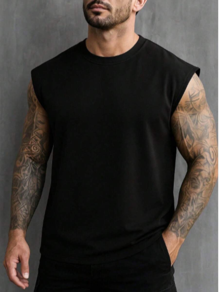 Camiseta regata masculina básica preta de lona com gola redonda, comprimento regular, sem mangas e sem elasticidade. - Preto - Visão 1