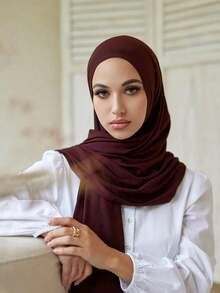 1 pieza Nuevo chal de hijab de punto grande, bufanda de mujer de unicolor suave y casual - café - Ver 4