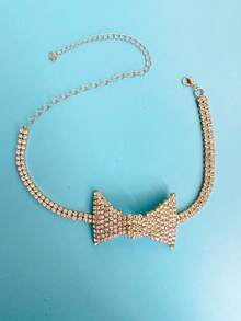 1pc Women's Summer Bow Choker Necklace, Sparkling Jewelry Decor For Evening Dress, V-Neck Rhinestone Camisole Accessory For Prom - Gold - View 3