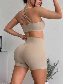 Conjunto de 2 piezas Luster Bright para mujer, top corto sexy de cuello cuadrado y shorts deportivos, ajuste casual, marrón, para verano y otoño, para gimnasio, yoga, fitness, running, pilates y espalda - Café integral - Ver 2
