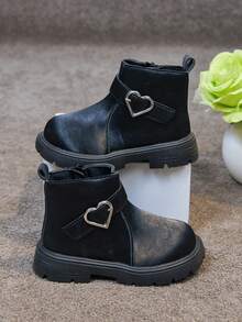 1 Pair Girls' Heart Buckle Boots, New Spring/Autumn Fashion Buckle Princess Boots, Korean Style Versatile Fashion Ankle Boots - Black - View 10