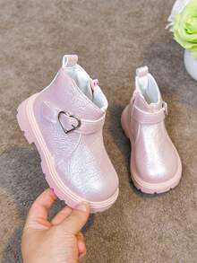 1 Pair Girls' Heart Buckle Boots, New Spring/Autumn Fashion Buckle Princess Boots, Korean Style Versatile Fashion Ankle Boots - Pink - View 9