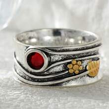 Vintage Floral Leaf Wide Band Ring, Women's Multi-Layer Streamlined Grape Relief Design, Red Synthetic Zirconia Decor, Suitable For Daily Commute, Travel, Date And Atmosphere Accessory - Multicolor - View 3