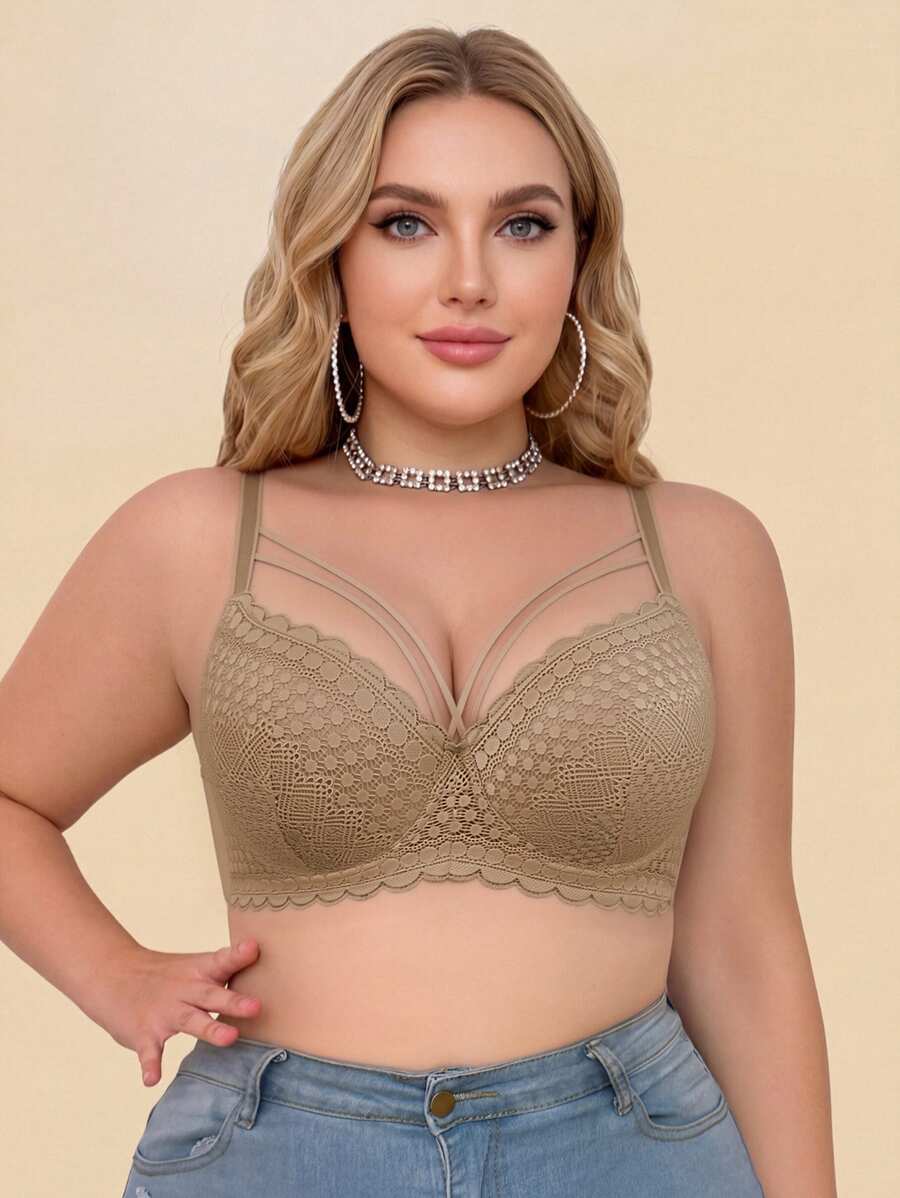 MIMILEMON Bra Berkawat Berbantalan Renda Cokelat Kopi Ukuran Plus - Coffee Brown - View 1