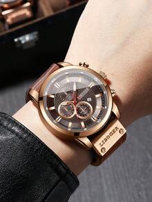 Men's PU Strap Quartz Wristwatch, Classic Three-Dial Digital Scale Calendar Dial, Classic Fashion Sports Watch, Gift For Boyfriend (1pc/Set) Watch Box Not Included - Brown - View 2