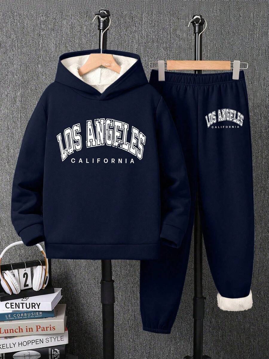 Youth Boy Letter Print Warm Hoodie And Pants Set - Royal Blue - View 1