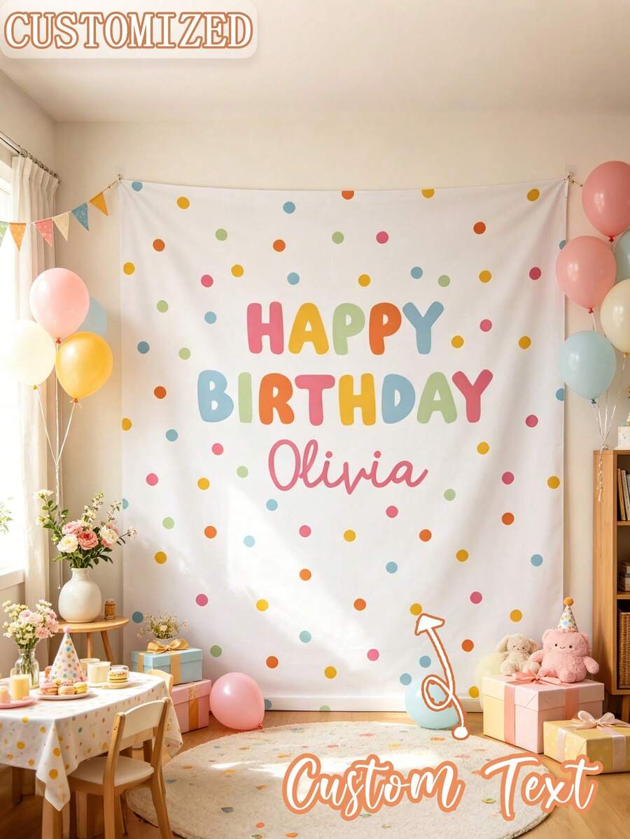 Personalized Name Happy Birthday Tapestry, Soft Color Polka Dot Custom Birthday Backdrop Banner, Birthday Party Photo Wall Decoration, Aesthetic Home, Retro