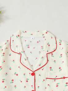 Women's Floral Print Pajama Set, Long Sleeve & Pants, Casual Spring & Fall Sleepwear, Comfortable Woven Fabric, Fashion Home Wear - 紅色 - 查看 9