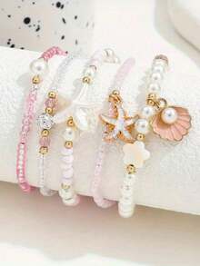 5pcs/Set Bohemian Style Pink Beaded Bracelets, Bohemian Style Layered Jewelry, Starfish Shell Pendant Design, Suitable For Gifts, Holidays And Parties, With Music Festival Fun Design - Multicolor - View 2