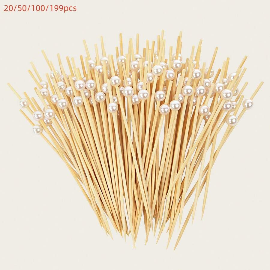200/100/50/20pcs White Pearl Bamboo Skewers, Vegetable & Fruit Forks, Appetizer Toothpicks, Fruit Picks, Food Sticks, Sandwich & Burger Forks, Drink Stirrers, Party Supplies, Suitable For Birthday Party, Wedding Decoration, Graduation Party, Back To School, Mother's Day