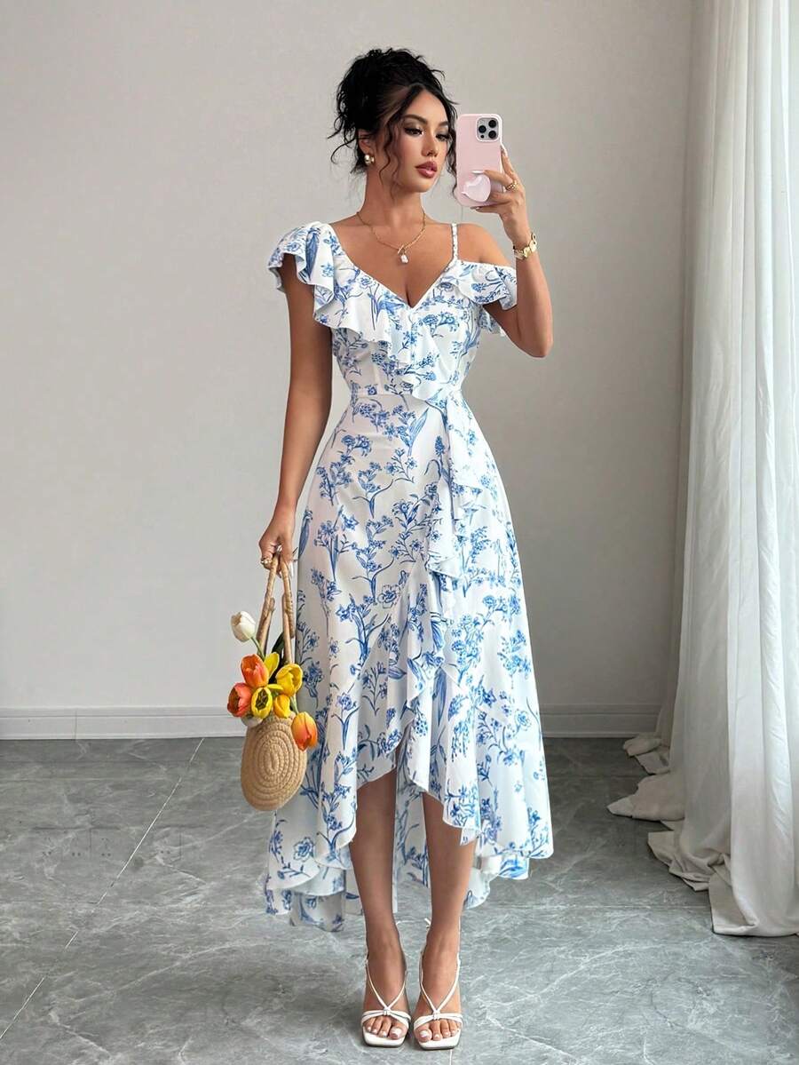 New Women's V-Neck Asymmetric Shoulder Asymmetrical Ruffle Hem Design Casual Daily Elegant Dress - Blue and White - View 1