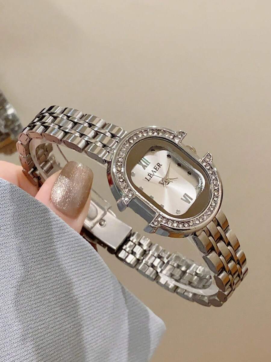 1件女款手錶錶帶,方形小錶盤搭配水鑽裝飾,優雅百搭精準石英手錶,適合日常佩戴 - 銀色 - 查看 1