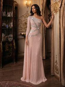 New Elegant Single Shoulder Long Sleeved Rhinestone Design With Height Cut To Thigh Long Dress For Parties, Festivals, Formal Banquets Dress - Khaki - View 6