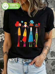 2026 New Women's Pure Cotton T-Shirt - Loose Fit, Round Neck, Printed Short Sleeve Top. Touch, Plus Size Summer Clothing Black Casual - Black - View 4