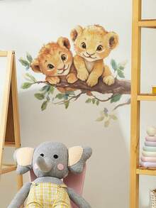 1pc Watercolor 2 Little Lions & Branch Pattern Removable PVC Wall Sticker, Self-Adhesive Waterproof Warm Mori Style Nursery Bedroom Background Wall Decor For Baby Boy - Multicolor - View 5