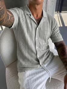 YONGC Spring/Summer New Men's Fashion Short Sleeve Knit Cardigan, Simple Solid Color Hollow Out Casual , Summer Vacation, Relaxed Style - Grey - View 5