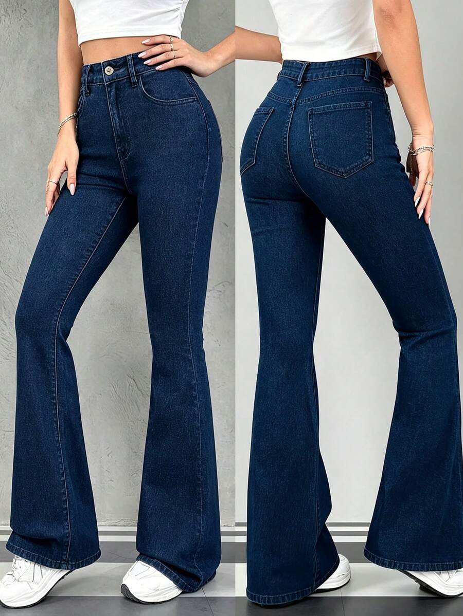 YANGCANREN Celana Jeans Flare Slim Fit dengan Kantong Pengencang Pinggang untuk Remaja Perempuan - Biru - View 1