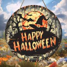 1pc Happy Halloween Home Decor Wizard Hat Wooden Round Sign Creative Decorative Sign Halloween Party Decoration Ornaments - Multicolor - View 2