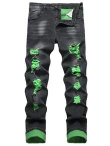 Men's  Ripped Skinny Jeans - Black - View 11