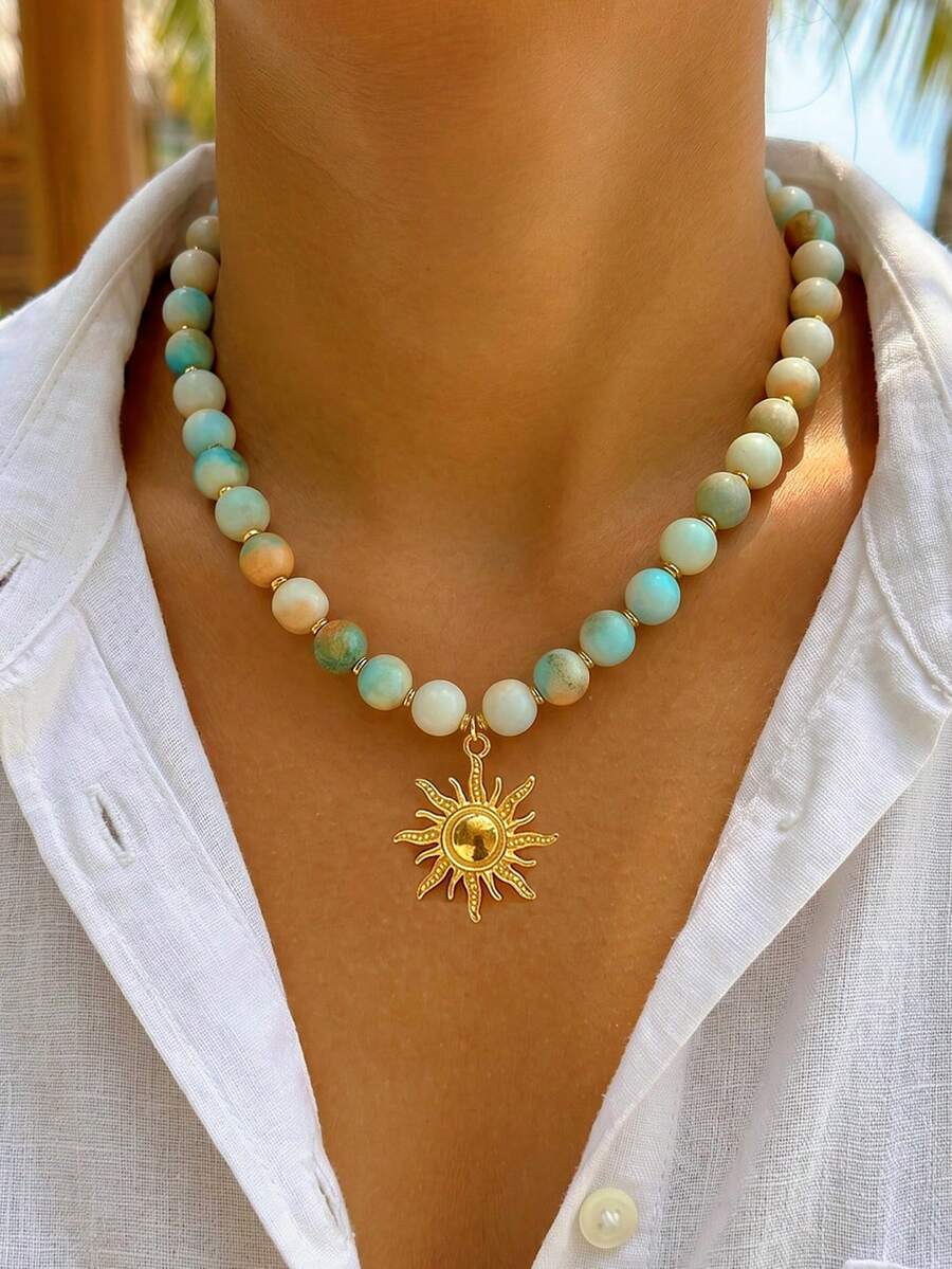 BOHO 1pc Vintage French Elegant Fashion Hip Hop Bohemian Vacation Style Bling Bling Colorful Beaded Sunflower Multi-Pendant Tassel Long Necklace Set, Personalized Exaggerated Unique Y2K Multi-Piece Layered Y-Chain Collarbone Chain Sweater Chain, Suitable For Women Summer Beach Vacation Party Evening Banquet Music Festival Date Gift Daily Wear All Seasons Versatile Jewelry - Multicolor - View 1
