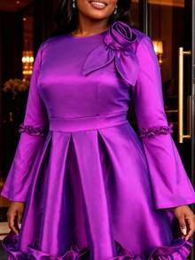 Elegant Plus Size Purple Autumn Mid-Length Dress, Women's Long Bell Sleeve Round Neck, Decorated With 3D Rose Flowers, A-Line Skirt, Suitable For Party Wear. - 紫色 - 查看 2
