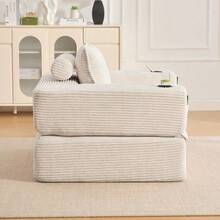 Folding Corduroy Sofa With High-Density Foam And Spring Core For Stable Seating, Side Pocket And Cup Holder, Armrest With Zip, Vacuum Packed, Easy Assembly, For Apartment And Living Room. - 米色 - 查看 7