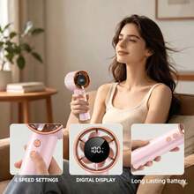 Pink Portable Handheld Mini Fan With Rose Gold Rhinestone Bezel, Adjustable Personal Air Cooler Digital Display, USB Rechargeable Pocket Fan For Home Office Outdoor, Charging With Original Included Cable - Watermelon Pink - View 5