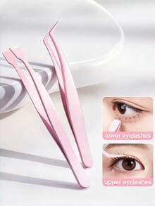 2pcs Stainless Steel Flat Head Eyelash Tweezers Set, Eyelash Curler & Lower Lash Curler, Non-Stick Precision Eyelash Extension Tools, Essential For Women, School & Travel - Multicolor - View 1