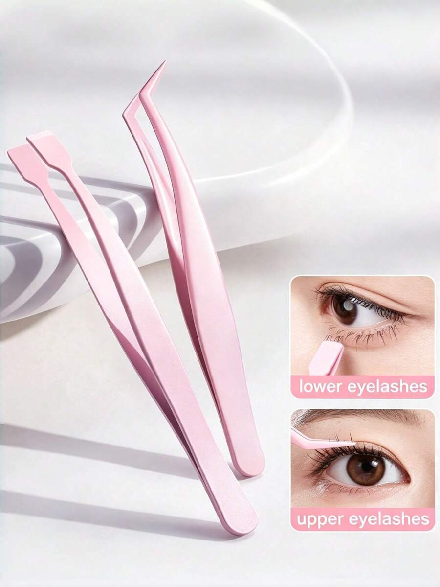 2pcs Stainless Steel Flat Head Eyelash Tweezers Set, Eyelash Curler & Lower Lash Curler, Non-Stick Precision Eyelash Extension Tools, Essential For Women, School & Travel - Multicolor - View 1