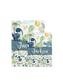 Personalized Cartoon Dinosaur Flannel Blanket With Custom Name, Palm Tree & Cloud Print Soft All-Season Throw For Sofa, Ideal Gift For Kids, Family - Multicolor - View 2