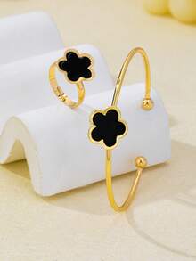 2pcs/Set Exquisite Black Five-Leaf Clover Single Flower Women's Open Cuff Bracelet Set, Suitable For Gift-Giving And Daily Wear - Black - View 4