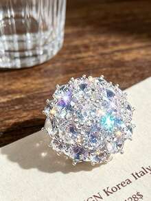 1pc Silver-Tone Multi-Stone Cluster Rhinestone Dome Exaggerated Ring, Large Round Shiny Flower Snowball Cocktail Ring, Women's Style, No Packaging Box - Silver - View 3