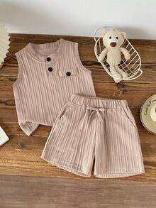 Kids Textured Sleeveless Set, Summer Breathable Vest + Shorts 2pcs Outfit, Toddler Casual Clothing - Apricot - View 1