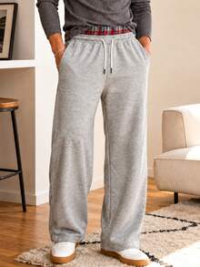 Celana Jogging Pria Abu-abu Muda Longgar dengan Kaki Lebar, Pinggang Ganda Motif Kotak-kotak Kontras, Tali Serut di Pinggang, Saku Samping, Streetwear Gaya Y2K untuk Musim Gugur/Dingin - Grey - View 10