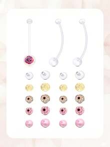 3+20Pcs/Set Maternity UV Belly Button Ring-Polymer Clay Floral Ball Navel End Elegant&Charming Size 1.6*38mm Because Moms Deserve To Be Beautiful - Yellow Gold - View 8