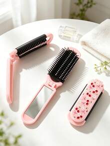 1pc/Mini Pocket Small Foldable Portable Soft Round Bead Air Cushion Anti-Static Detangling Hair Brush Pink ABS Plastic Integrated With High-Definition Makeup Mirror Portable Hair Comb Sweet Girl Y2K Style Pink Foldable Mirror Comb Pink Leopard Print Red Five-Star Cherry Bow Print Flip Cover Brush Soft Round Head Air Cushion Hair Care Detangling Brush Portable Makeup Hair Comb Daily School Travel All Seasons Portable Small Comb - Pink Cherry Cushion Comb - View 8
