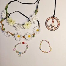5pcs Hippie Accessories Set, Including Peace Sign Beaded Bracelet, Necklace, Flower Crown Headpiece, Hippie Costume Props, Suitable For Women To Attend Parties, Can Be Used For Halloween Party Costume - Multicolor - View 10