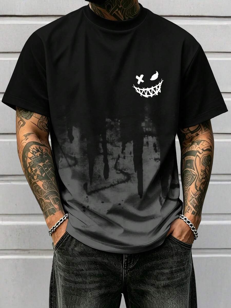 Men's Gothic Smile Graphic Loose Round Neck Short Sleeve Distressed Streetwear Casual Urban T-Shirt, Suitable For Daily Wear - Dark Grey - View 1