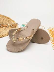 Evertop Surf Original Fashion dam-tåklämda flip-flops, handmålade med oljemålning, sjöstjärna, snäcka och strassdekor, mjuka sulor, avtagbar dekorativ kedja, present till semesterfest, strandfotograferingsrekvisita - Kaki - Visa 5