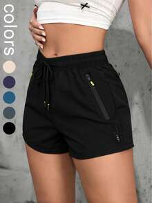Women's Sports Shorts, Lightning Print, Zipper Pockets, Elastic Waist With Drawstring, Suitable For Running, Sports, And Casual Wear In Summer - Black - View 1