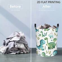 1pc Watercolor Cute Dinosaur Laundry Basket, Cartoon Green Dinosaur Leaf Pattern, Foldable With Handle Storage Basket, Suitable For Boys' Clothes - Mint Green - View 4